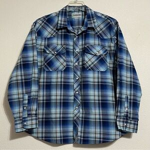Haband Men’s Pearl Snap Long Sleeve Shirt Blue Plaid Size X Large
